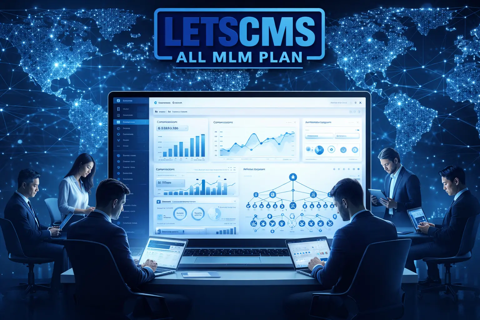 Network marketing software dashboard for MLM and affiliate marketing with commission tracking and network analytics