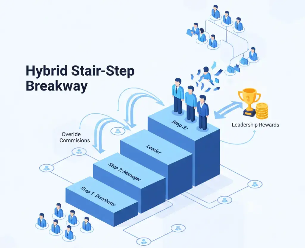 Hybrid stair-step breakaway compensation plan showing rank progression and team overrides